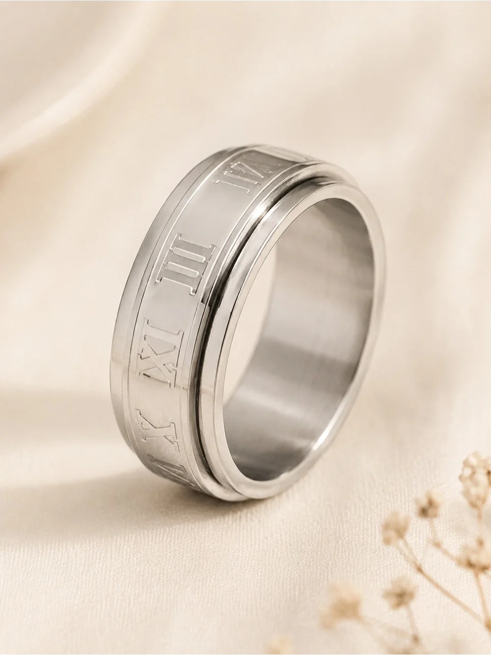 Stainless Steel Roman Numeral Spinner Ring Silver Tone Size 6